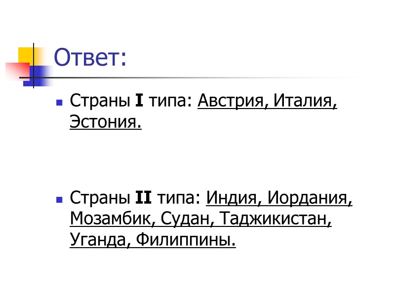 Ответ: Страны I типа: Австрия, Италия, Эстония.    Страны II типа: Индия,